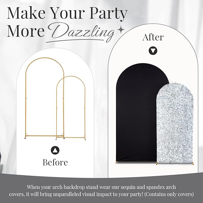 Black and Silver Arch Covers 7.2 and 6FT Sequin Arch Backdrop Cover Set of 2, Spandex Fitted Bling Sequin Arch Stand Covers for Birthday Party Ceremony Baby Shower Banquet Decoration