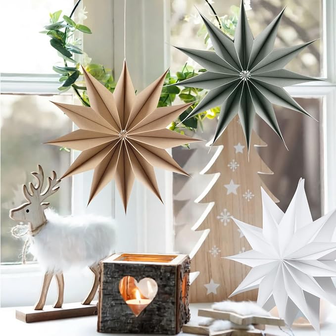 SUNBEAUTY 3 Pcs 12-Pointed Paper Star Brown Grey White Lanterns 12 Inch Christmas Hanging Lamp Shade Wedding Birthday Christmas Home Party Decorations