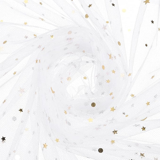 uxcell 60" x 8.7 Yard Tulle Fabric Star Moon Sequin Tulle Ribbon Rolls for Wedding Party Backdrop Stage Tutu Dress Bridal Veil DIY Sewing Crafts Decoration, White