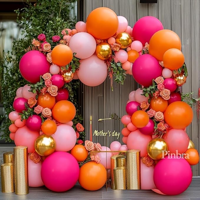 Pink Orange Balloon Garland Double Stuffed Hot Pink Orange Gold Metallic Pastel Balloon Arch Kit for Birthday Baby Bridal Shower Wedding Mother's Day Tropical Party Decorations