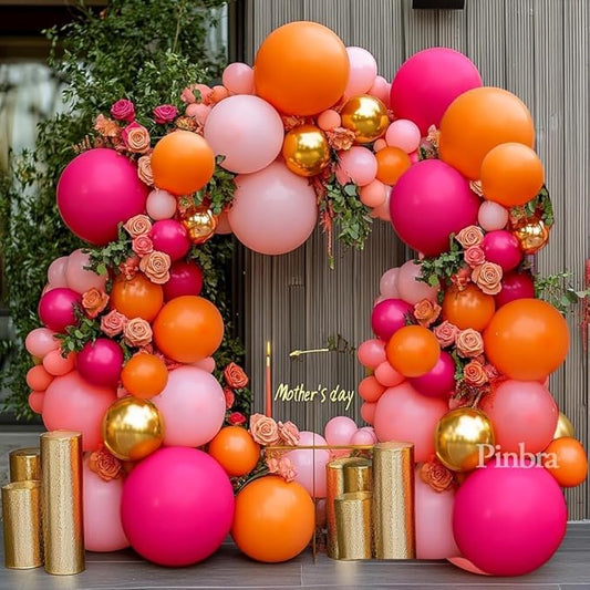 Pink Orange Balloon Garland Double Stuffed Hot Pink Orange Gold Metallic Pastel Balloon Arch Kit for Birthday Baby Bridal Shower Wedding Mother's Day Tropical Party Decorations