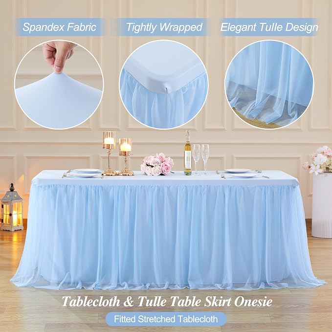 Baby Blue Tulle Tablecloth Table Skirt for 6 Foot Rectangle Tables, Baby Shower Blue Table Cloths Ruffle Tutu Table Skirt Stretch Fitted Table Covers for Wedding Birthday Party Reception Celebration