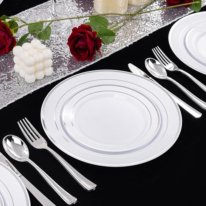 I00000 200 Pcs Silver Plastic Plates - Silver Disposable Party Plates Include 100 Dinner Plate and 100 Elegant Dessert Plate Perfect for Party, Holiday, Wedding & Birthday