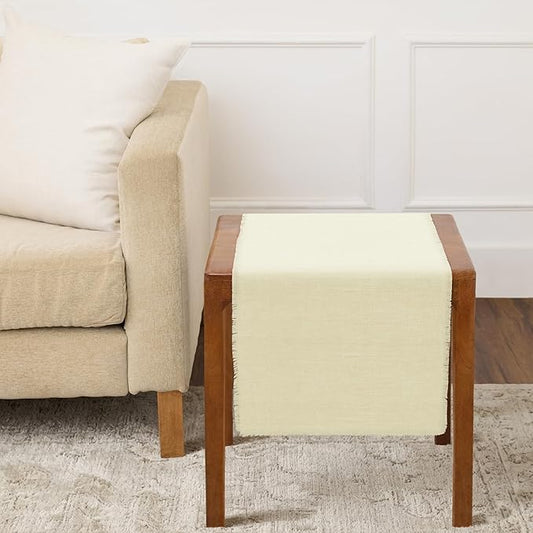 Solino Home Fringe Linen Table Runner 36 Inches - 100% Pure Linen Creamy Ivory Table Runner 14 x 36 Inch Ideal for Dresser and Coffee Tables - Spring, Summer, Mothers Day