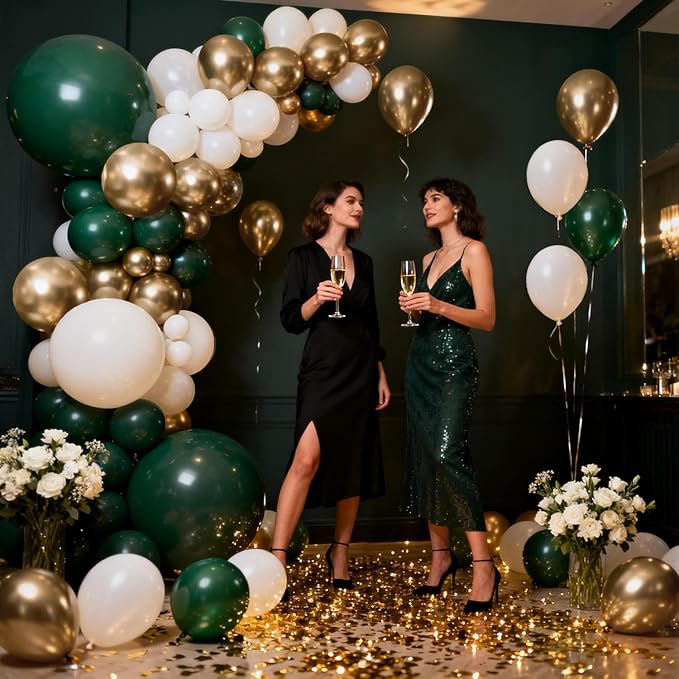 Emerald Green White Gold Balloon Arch Kit, Double Stuffed Dark Green Balloons Hunter Forest Green Chrome Gold Pearl White Sand Ivory Balloons for Wedding Birthday jungle Safari Party Decorations