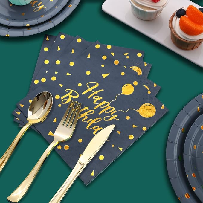 175 Pcs Blue Birthday Plates and Napkins Party Supplies - Blue and Gold Paper Plates and Cups and Napkins Sets for Men Happy Birthday Party Decorations, Serves 25