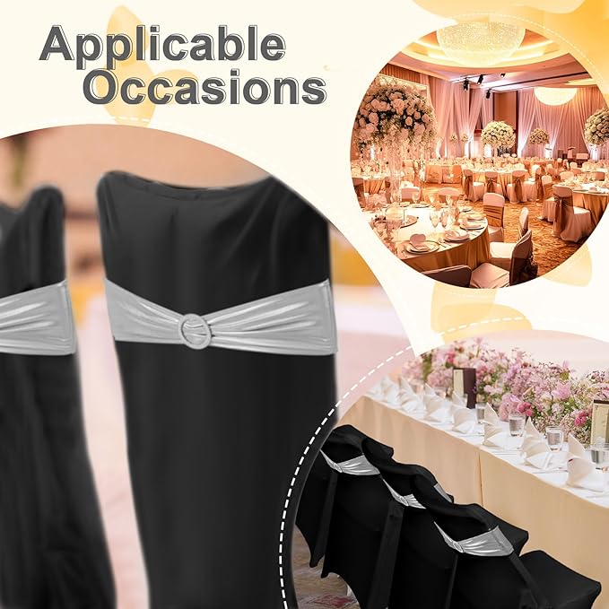 Preboun 50 Pack Folding Chair Cover Set with 25 Spandex Chair Slipcovers 25 Sequin Chair Sashes Bow Washable Chair Protector Chair Cover for Party Wedding Banquet Event (Black, Silver)