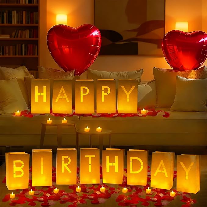 Happy Birthday Decoration for Men Women, Valentine’s Day Light Up Letters Luminary Bags with 30 Bright LED Candles, 2000 Rose Petals, 10 Balloons, Surprise Birthday Party Banner Signs