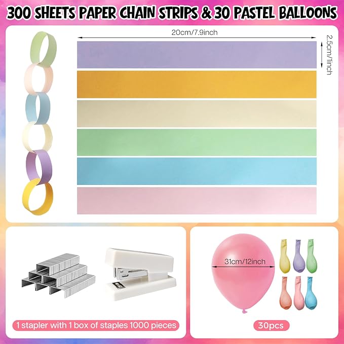 Pastel Birthday Party Decorations Kit with 492ft Crepe Paper Streamers, 300 Paper Chain Strips, 78.6ft Gold Star Garland and 30 Pastel Balloons for Wedding Birthday Party DIY Crafts Hanging Decor