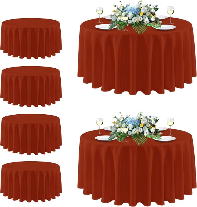 sancua Thanksgiving Round Tablecloth 108 Inch Diameter, 6 Pack Rust Circle Polyester Fabric Fall Table Cloth for Holiday Party Reception, Washable Burnt Orange Table Cover (Fit 42-96 Inch Tables)