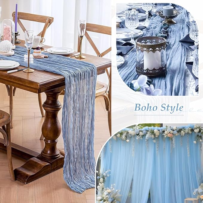 6 Pack Dusty Blue Cheesecloth Table Runners 35x120 Inch, Wide Pleated Boho Gauze Runner for Wedding Baby Shower Birthday Party, Semi-Sheer Rustic Table Decor