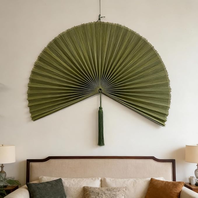 ChumDecor Fan Wall Decor, Japanese Giant Fan, Large Bamboo Fan Wall Art For Boho Hanging Headboard, Decorative Folding Fans For Over Bed, Asia Trending (Army Green 31inch)