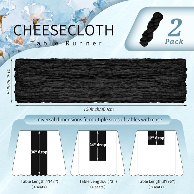 2 Pack Cheesecloth Table Runner 10FT Black Table Runner Boho Gauze Cheese Cloth Table Runners Long Rustic Sheer Table Decorations for Wedding Party Baby Bridal Shower Birthday Holiday Home