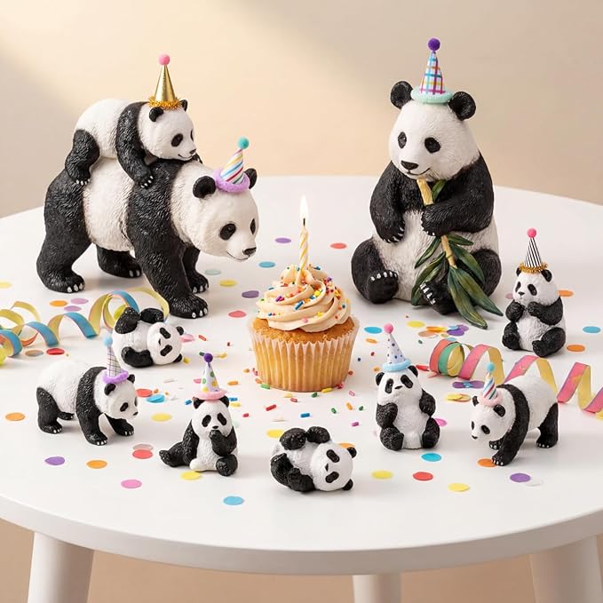 Colingmill 18 Pcs Panda Cake Toppers Birthday Party Decorations Mini Birthday Hat Animal Figure Model Cake Toppers with Mini Hat for Animals Themed Party