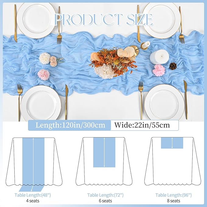 8 Pack Light Blue Cheesecloth Table Runner 120 Inch 10FT Spring Boho Rustic Sheer Gauze Cheese Cloth Table Runner for Wedding Baby Shower Birthday Party Table Decor
