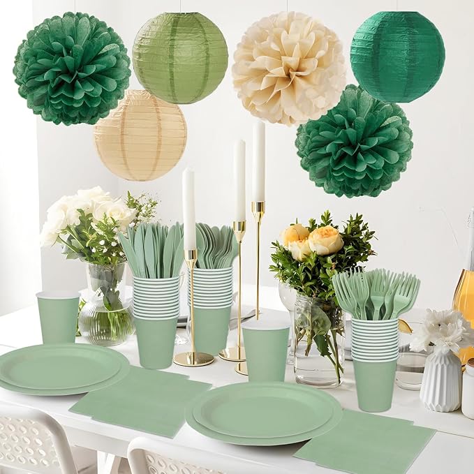 Sage Green Paper Flowers Tissue Pom Poms Honeycomb Lanterns 15pcs Party Decorations Boho Birthday Wedding Baby Bridal Shower Neutral Bachelorette Graduation Safari Hanging Supplies Mprocherify