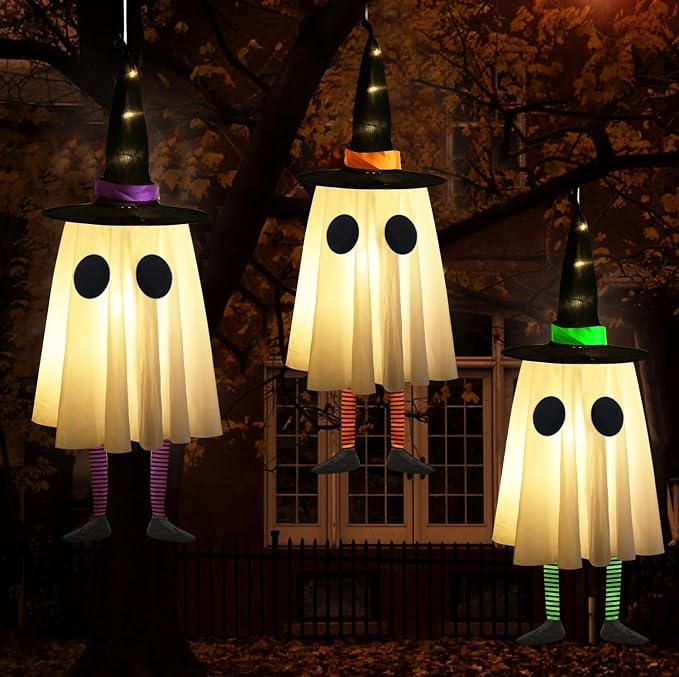 Halloween Hanging Ghosts, Halloween Ghost Decor with Witch Hat for Outdoor | Set of 3, Unique Ghost & Witch Fusion Design, Indoor and Outdoor Use, Cute and Spooky Design, Soft Lightweight Fabric