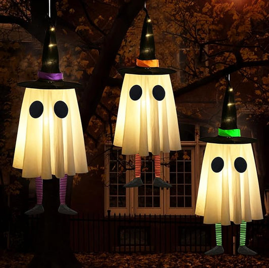 Halloween Hanging Ghosts, Halloween Ghost Decor with Witch Hat for Outdoor | Set of 3, Unique Ghost & Witch Fusion Design, Indoor and Outdoor Use, Cute and Spooky Design, Soft Lightweight Fabric
