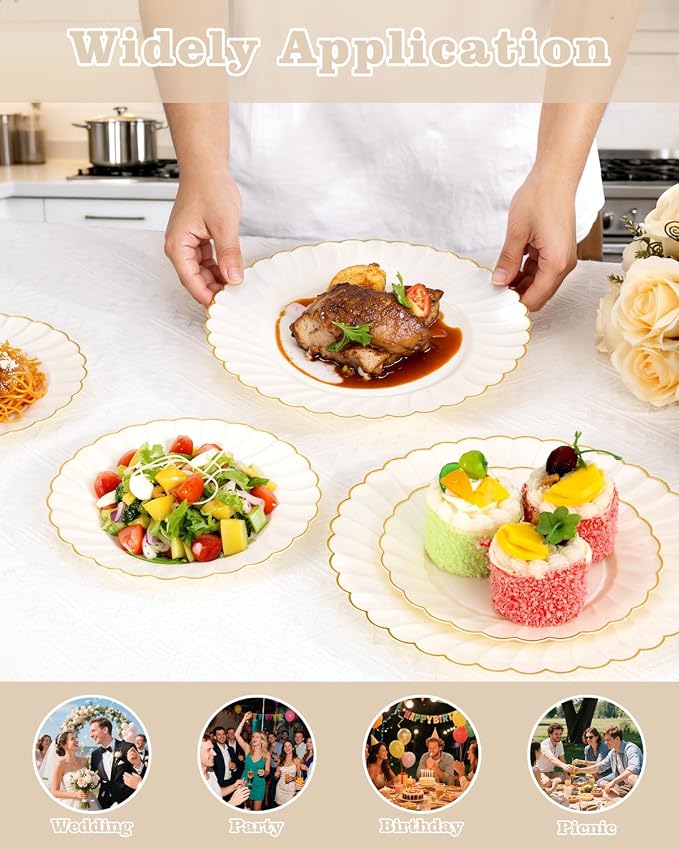 YOUBET 100PCS Ivory Scalloped Plastic Plates - Heavy Duty Gold Disposable Fancy Hard Plates Include 50 Dinner Plate, 50 Dessert Plate, for Wedding & Party