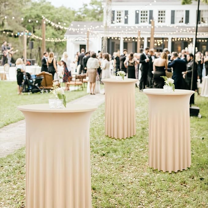2 Pack Champagne Round High Top Cocktail Table Cloth 36×43 Inch, Wrinkle Free Stretch Spandex Cocktail Tablecloths Table Covers with Wavy Skirt for Cocktail Party Banquet Birthday Bar