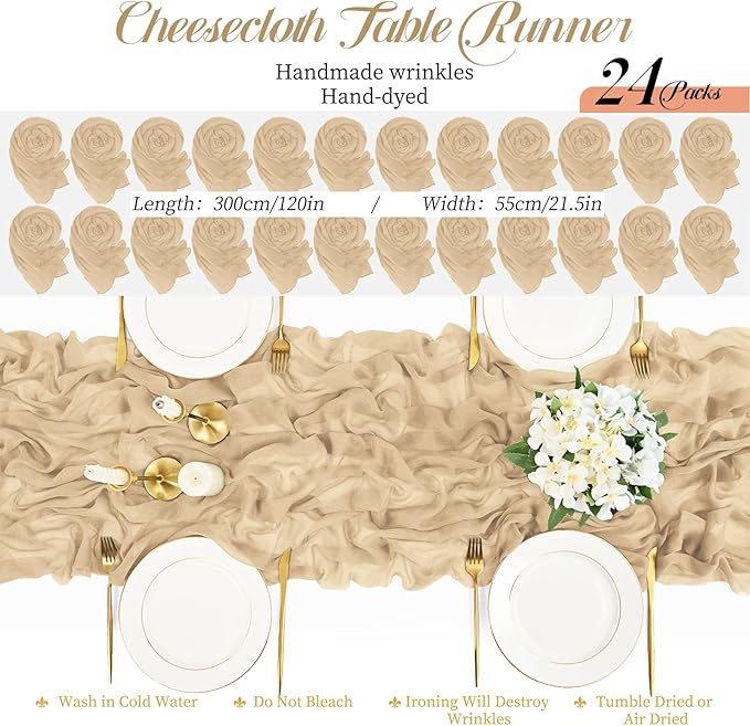 24 Packs Beige Cheesecloth Table Runner,10ft Rustic Gauze Boho Wedding Table Runner Decoration, Wedding Table Decor Sheer Table Runner for Wedding Party Bridal Shower Table