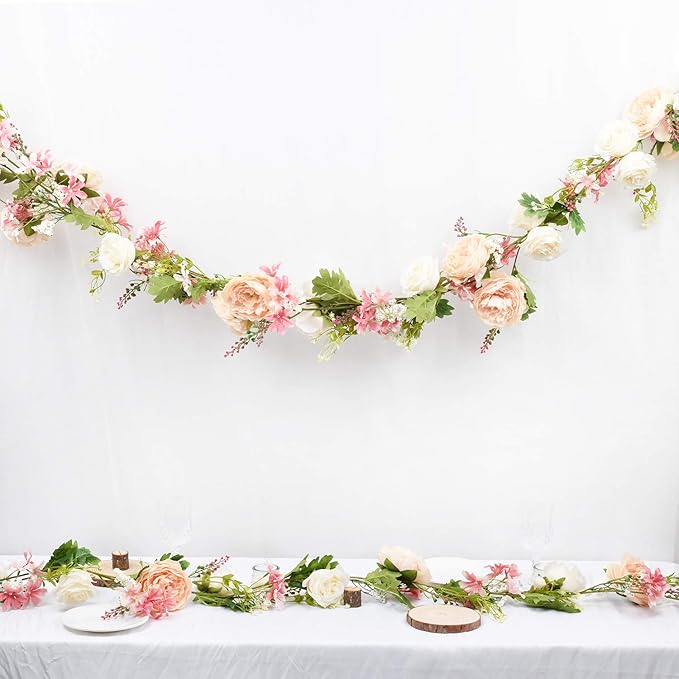 DearHouse 2Pcs Artificial Peony Flower Garland - Silk Peony Garland with Pink and White Flowers for Wedding Party Table Decoration,6ft/Strand