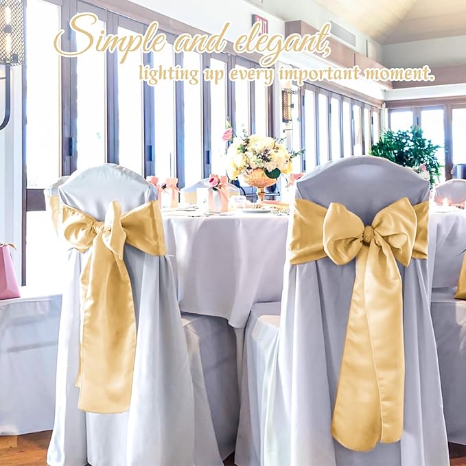 60 PCS Champagne Satin Chair Sashes, Ties Bows Designed Sashes for Washable Reusable Chair Covers Supplies for Wedding Reception Events Banquets Party Hotel Event Aisle Decorations (7 x 108 inch)