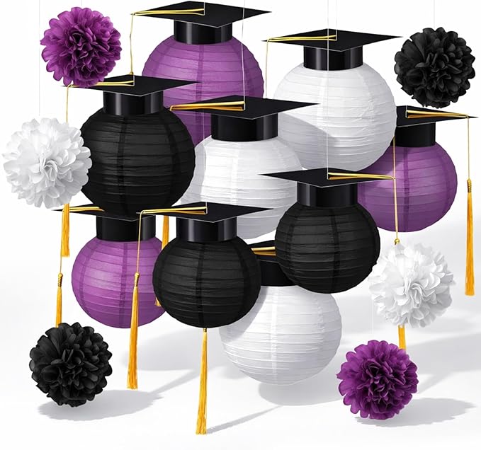 Gilprop 15 Pcs Black and Purple Graduation Decoration 2026 Paper Lanterns Graduation Party Decorations Hanging Round Paper Lanterns with Black Grad Hat Tassel for Congratulation Grad Decorations
