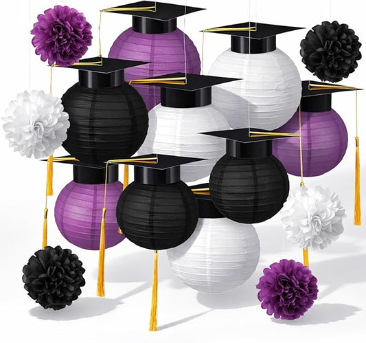 Gilprop 15 Pcs Black and Purple Graduation Decoration 2026 Paper Lanterns Graduation Party Decorations Hanging Round Paper Lanterns with Black Grad Hat Tassel for Congratulation Grad Decorations