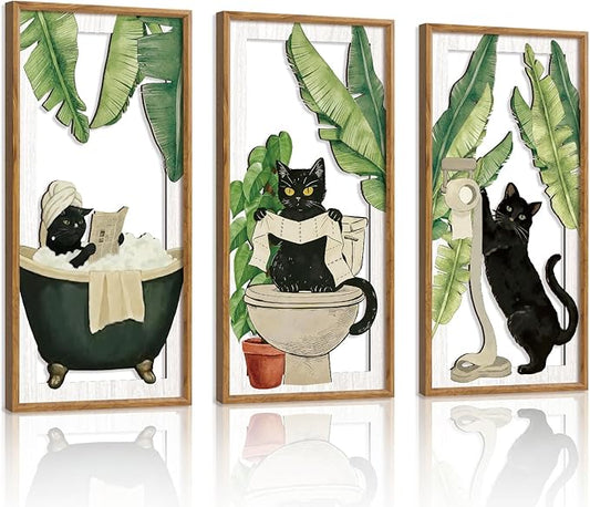 HPNIUB 3PCS Funny Bathrooms Wall Decor, Whimsical Black Cat Wood Sign, 8x16Inch Vintage Cat Toilet Wooden Hanging Sign Botanical Wall Art for Powder Room Restroom Decoration, Lovely Cat Gifts