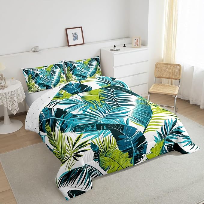 jejeloiu Palm Leaf Comforter Set Twin Size Kids Tropical Leaves Pattern Bedding Set for Boys Girls Summer Boho Bohemian Style Botanical Branches Nature Theme Duvet Quilt Room Decor