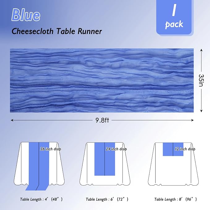 8 Pack Blue Cheesecloth Table Runner 120 Inch 10FT Gauze Cheese Cloth for Football Theme, Baby Shower, Coastal Style, Retro Decoration, Farmhouse