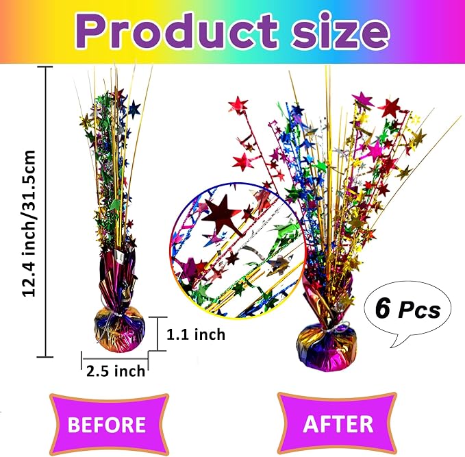 FUBININA 6 Pack Metallic Colorful Table Centerpiece Party Decoration Rainbow Theme Foil Spray Glitter Decor Star Tabletop Birthday New Year Fiesta Mexican Taco Cinco De Mayo Party Supplies, Multicolor