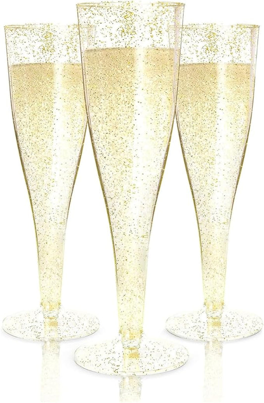 Prestee 48 Pack Champagne Flutes Plastic Disposable - Gold Glitter Flute Glasses for Champagne, Mimosa Bar, New Year's Eve 2025 Party Supplies, Wedding, Shower, Event - 4.5 oz Fairy Stemware
