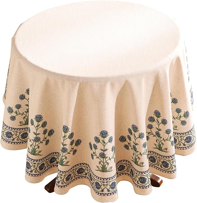 patdrea Vintage French Linen Tablecloth,Round,Diameter 55"-Ivar B | Elegant Table Cloth for Round Table,Blue and White Floral Patterned,Dining Room,Tea Party,Thanksgiving Decor