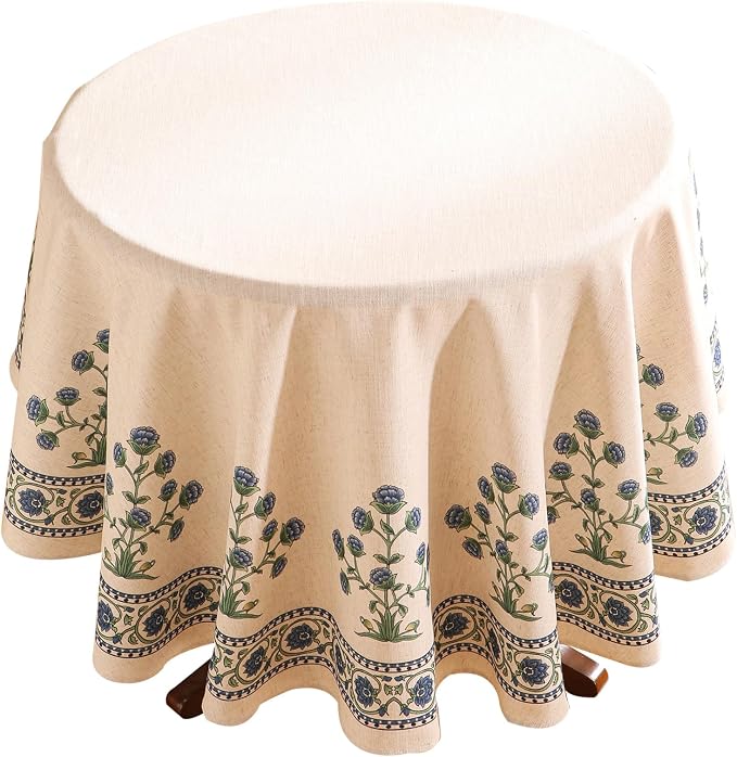 patdrea Vintage French Linen Tablecloth,Round,Diameter 67"-Ivar B | Elegant Table Cloth for Round Table,Blue and White Floral Patterned,Dining Room,Tea Party,Thanksgiving Decor