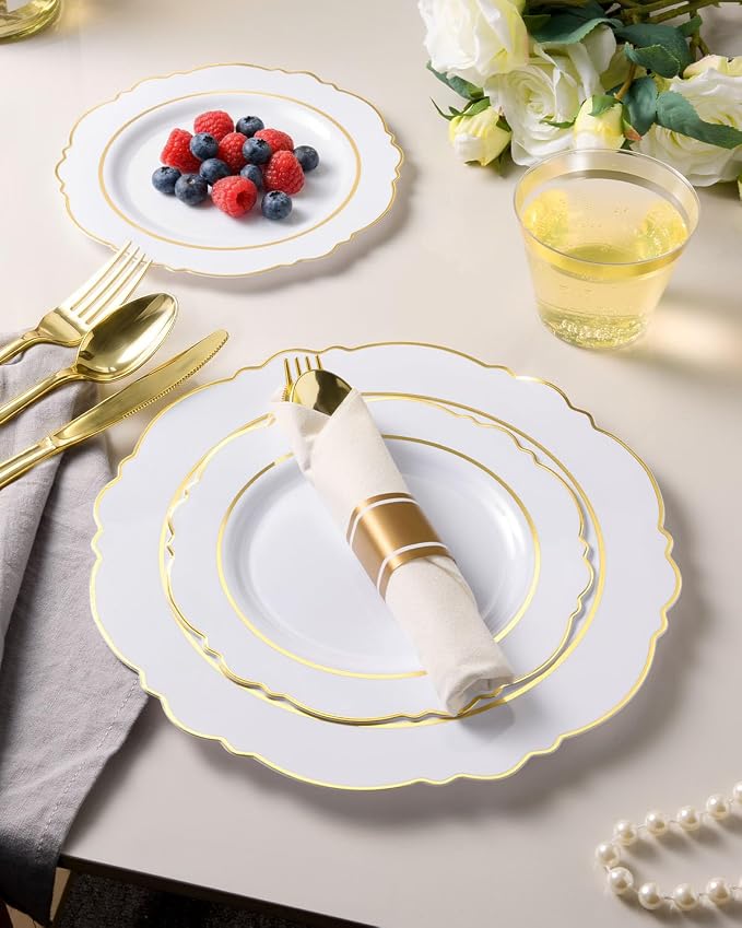 realluck 350 Piece White Gold Plastic Dinnerware Set for 50 Guests Elegant Disposable for Weddings, Parties, 100 Plastic Plates, 50 Pre Rolled Napkins with Silverware, 50 Cups