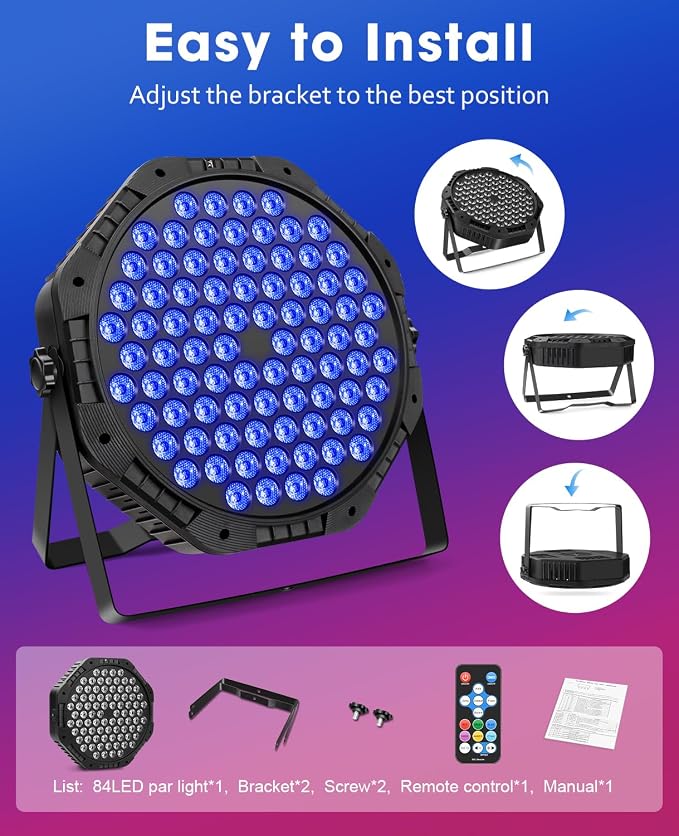 84LEDs Stage Lights 1 Pack 150W RGB Par Light Corded Party Uplights with Sound Activated and DMX Control for DJ, Disco, Wedding, Club, Bars, Birthday Party, Festivals Stage Lighting