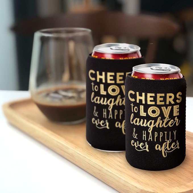 Wedding Can Cooler Decorations Set of 12 - Cheers to Love Laughter and Happily Ever After, Wedding Rehearsal Dinner Decorations - Bridal Showers, Engagement Party Favors for Guests and Supplies