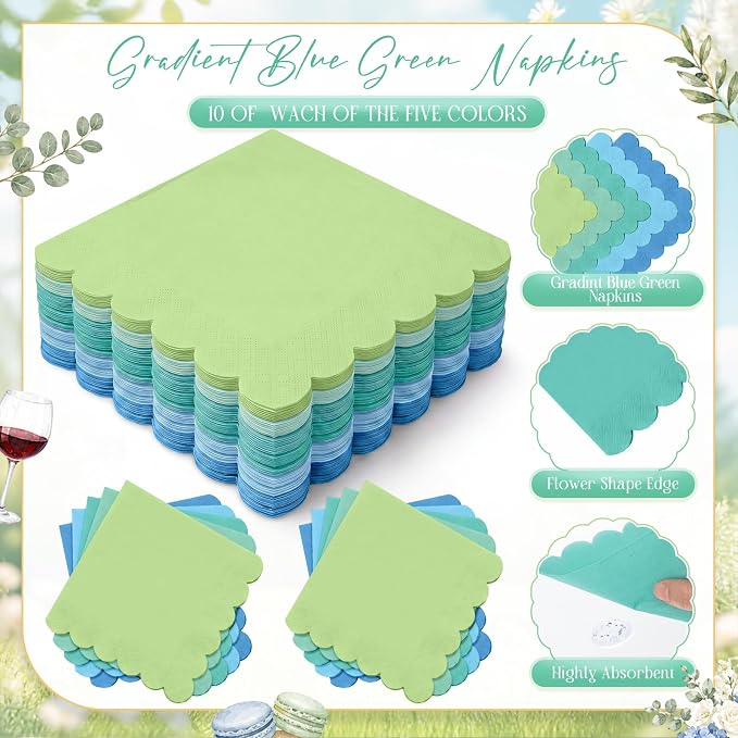 Zhehao 150 Pcs Blue and Green Plates and Napkins Tableware Serves 50 Includes 9 Inch 7 Inch Teal Scalloped Paper Plate and Napkins for Summer Ocean Sea Wedding Birthday Baby Shower Party