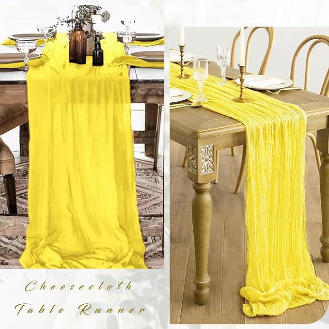 Yellow 12 Pieces Cheesecloth Table Runner 10FT Runner for Table Gauze Fabric Boho Table Runner Decoration Rustic Sheer Runner for Wedding Shower Birthday Party Table Arbor Decor (35 x 120 Inches Long)