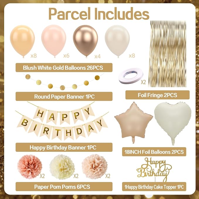 Blush Beige Birthday Decorations Nude Gold Balloons Happy Birthday Banner Cake Topper Fringe Curtain Paper Pom Poms Blush White Sand Champagne Heart Star Balloon Neutral Boho Party Decor Girls Women