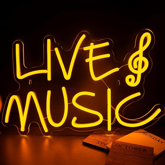 Live Music Neon Signs for Wall Decor, LED USB Powered Light Sign, Yellow Neon Light Up Letters Sign for Bedroom Music Studio Room Club Party Decor 16.93 x 11.02"