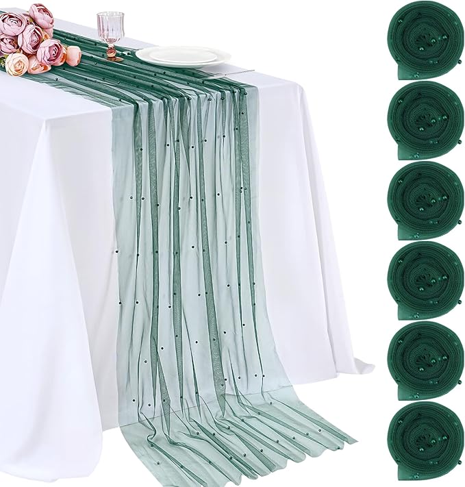 Pearl Table Runner Tulle Fabric: 10ft Pearl Kitchen Linen 29x120 Inch Emarald Green Sheer Gauze Fabrics 6pcs for Wedding Decor Birthday Party St. Patrick's Day Dining Table Cover