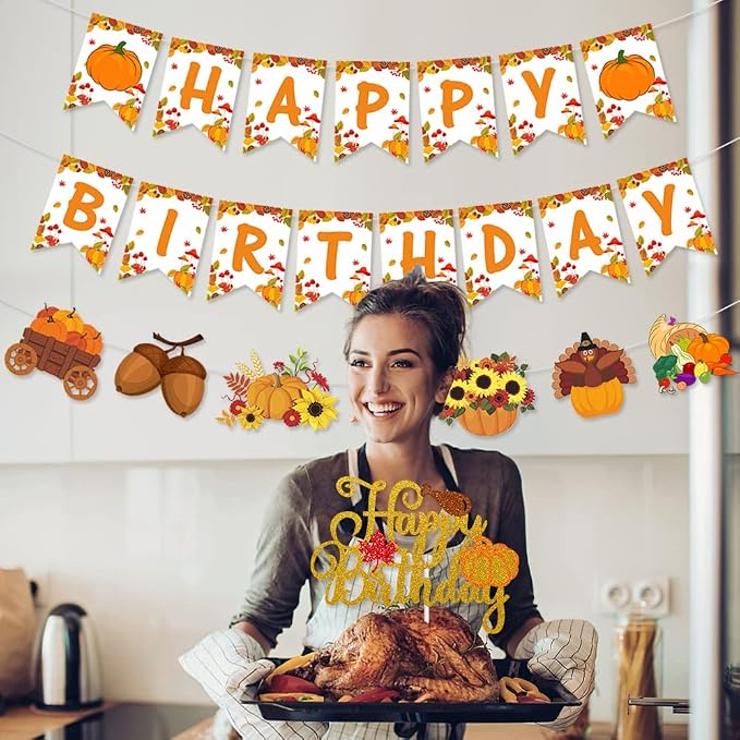 Thanksgiving Themed Happy Birthday Decoration，Happy Birthday Banner, Hanging Swirls, Latex Balloons, Cake Toppers, Disposable Tableware Set, Backdrop & Tablecloth for Kids Adults Birthday Party Decors