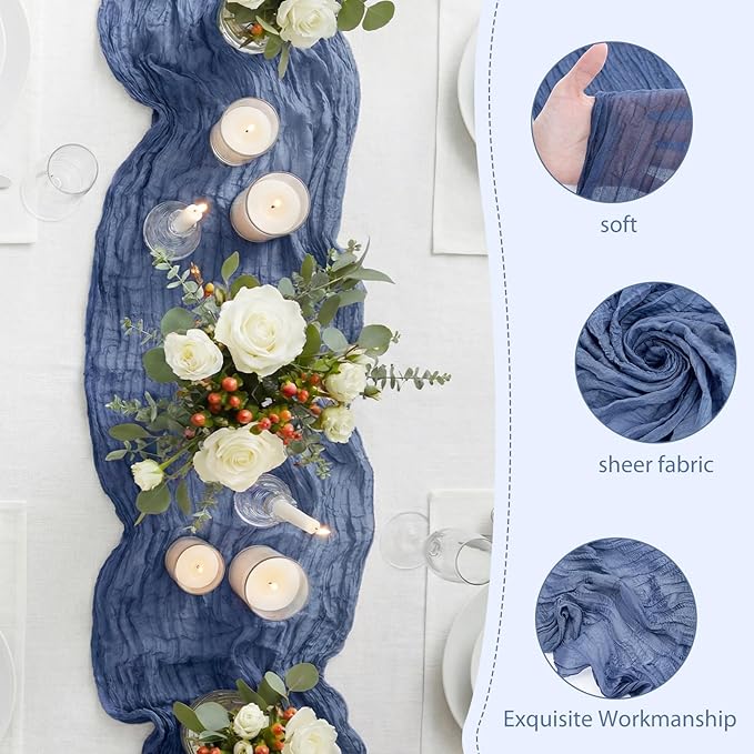 LemonRoad 4 Pcs 20ft Cheesecloth Table Runners Extra Long Boho Rustic Gauze Fabric Cheese Cloth Runner for Wedding Decorations Baby Shower Party Supplies Boho Table Bridal Shower Decor (Dusty Blue)