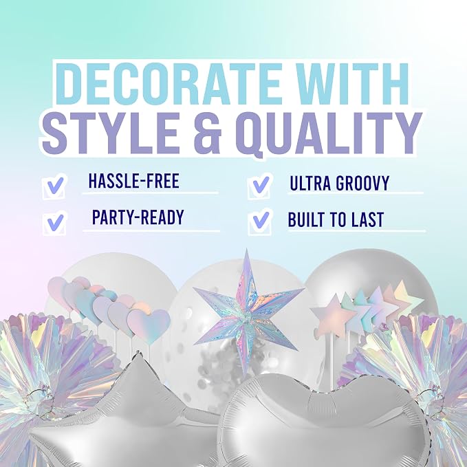 ecoZen Disco Decorations Set - Iridescent Party Supplies with Banner, Cutlery, Cupcake Toppers, Disco Ball Balloons - Great for Birthdays, Bridal Showers, Family Events, and Funfilled Celebrations