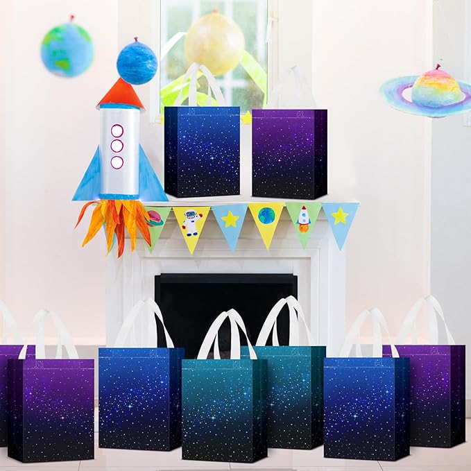 Locmeo 36 Pcs Galaxy Party Favor Gift Bags Starry Sky Goodie Space Star Reusable Bags Non Woven Starry Night Candy Treat Totes Graduation Gift Bag Birthday Party Decorations, 8 x 4 x 10 Inch