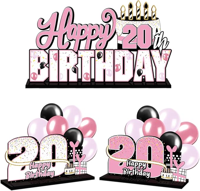 LINGTEER Happy 20th Birthday Pink Acrylic Table Topper Centerpieces Set - Cheers to 20 Years Old Birthday Twenty Bday Party Gift Decorations.