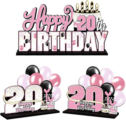 LINGTEER Happy 20th Birthday Pink Acrylic Table Topper Centerpieces Set - Cheers to 20 Years Old Birthday Twenty Bday Party Gift Decorations.